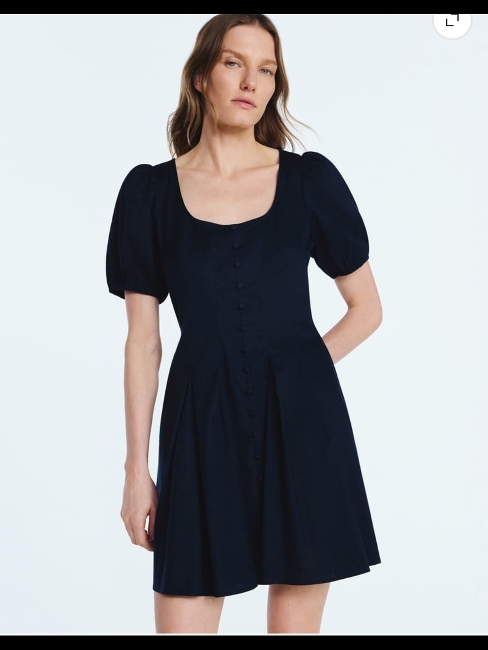 Scoop Button Front Puff-Sleeve Mini Dress in Navy- Size L (12-14)